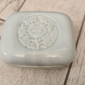 Vintage Tiffany & Co. Light Blue Porcelain Trinket Jewelry Box W/ Floral Motif